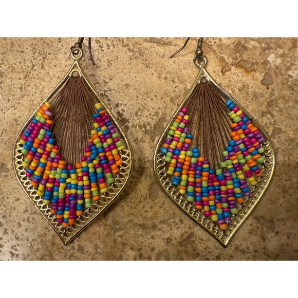 Colorful Beaded Teardrop Earrings With Metal Frame - Picture 2 of 3
